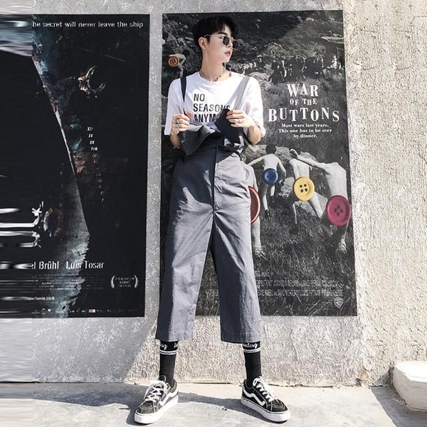 

men's pants 2021 summer low - grade harlan suspenders for students leisure gray straight eighth trousers m-xl loose, Black
