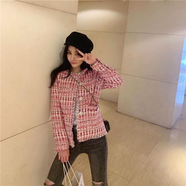 

women's wool & blends autumn retro small fragrant tweed woven short jacket female ladies temperament plaid frayed design sense suit, Black