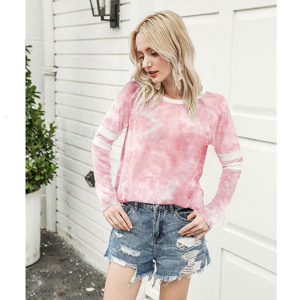 

2021 new autumn tie-dye print long-sleeved stripe women's t-shirt casual fashion soft female o-neck t shirt women plus size owks, White