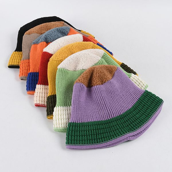 

2021 new fashion patchwork winter women warm knitted bucket hat female thick hats casual cap woolen plush reversible on both sides 1dcf, Blue;gray
