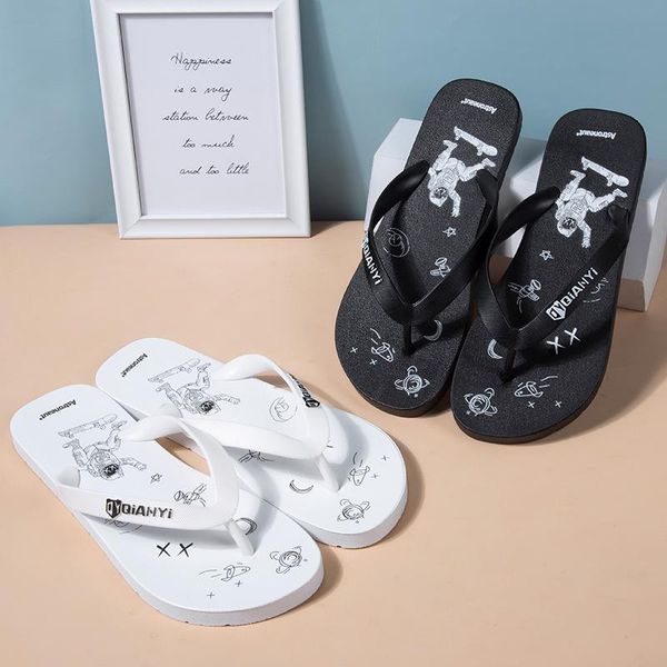 

slippers summer simplicity flip flops cartoon space astronaut men women non-slip soft sole wear-resistant shoes beach sandals, Black