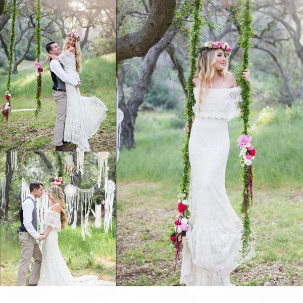 

2021 lace country wedding dresses off the shoulder sweep train mermaid custom made boho beach wedding gown plus size vestido de novia, White