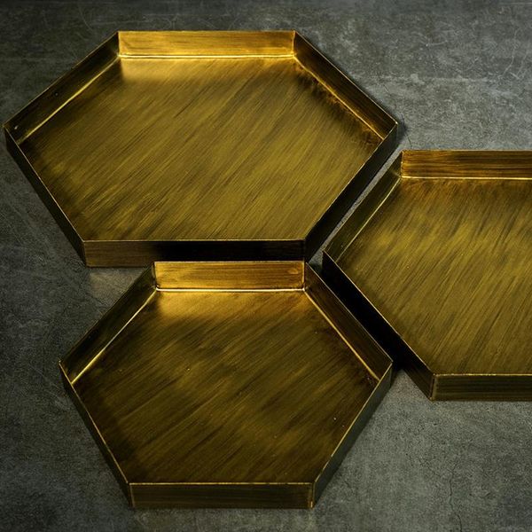 

kitchen storage & organization vintage gold hexagon tray metal iron plate geometric old snack cosmetic dish home decoration pography props