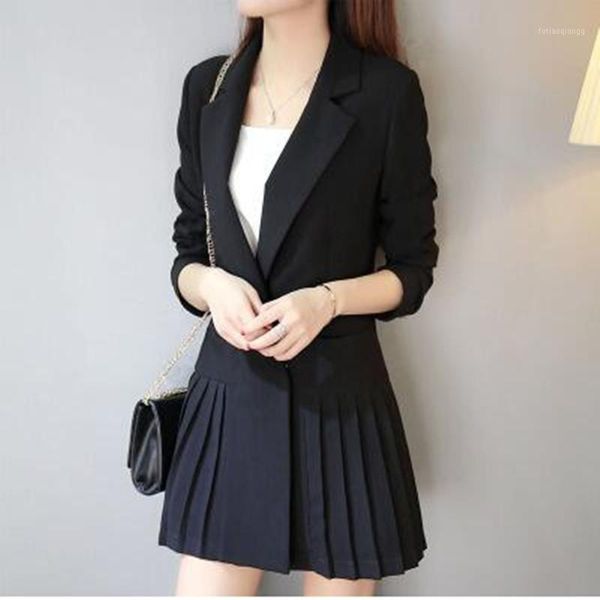 

classic women formal turn-down collar single-breasted black full sleeve fashion skirt style pleated long coat women's jackets, Black;brown