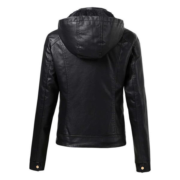 

designerplush detachable hooded pu women's leather jacket 2020, Black