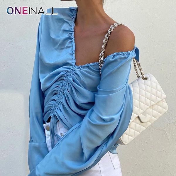 

women's blouses & shirts oneinall shirred blue for female v-neck long sleeve slimming solid minimalist casual shirt 2021 fashion, White