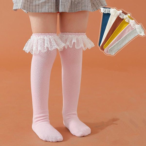 

baby girls socks knee high with lace ruffle socks girls princess sweet leg warmer long tube for kids children 3-8y, Pink;yellow