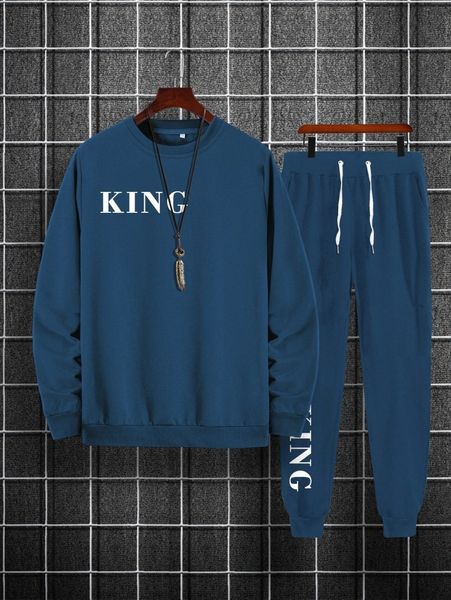 

men letter graphic pullover & slant pocket sweatpants 32zb#, Gray