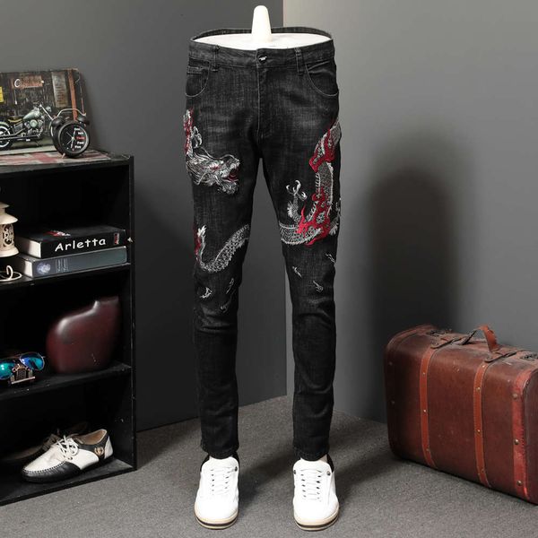 

autumn and winter black dragon embroidered jeans men's small straight slim fashion brand casual pants personality stretch, Blue