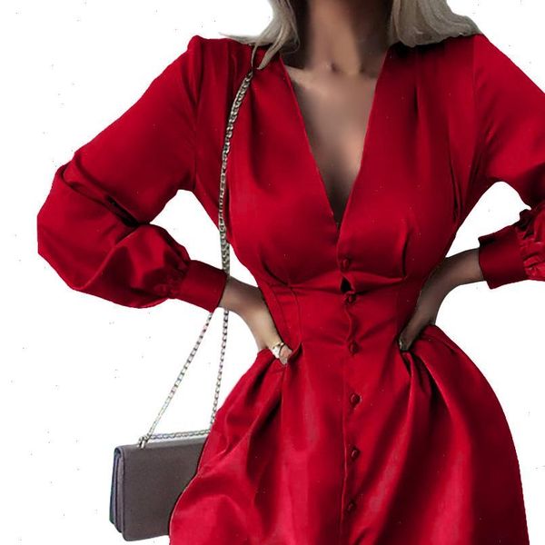 

women autumn solid color v neck long sleeve single breasted shirt dress drop shipping good quality, Black;gray