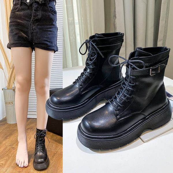 

boots shoes zipper lolita lace up flat heel boots-women luxury designer round toe rubber 2021 rock fashion ankle med autumn, Black