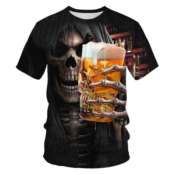 

men's t-shirts trendy skull with beer fashion printed 2021 spring summer short sleeve tshirt tees men casual chic high street pullover, White;black