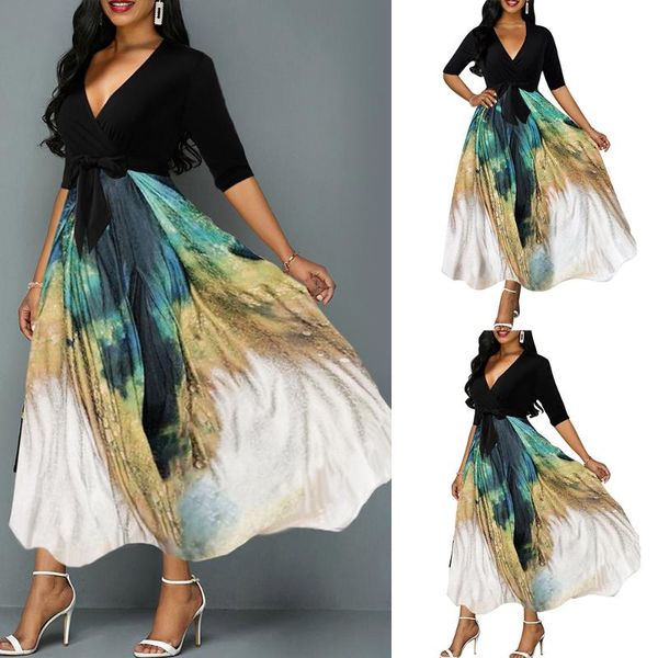 

casual dresses half sleeve work wear ladies maxi dress patchwork ruffle office business summer a-line v neck formal for women d30, Black;gray