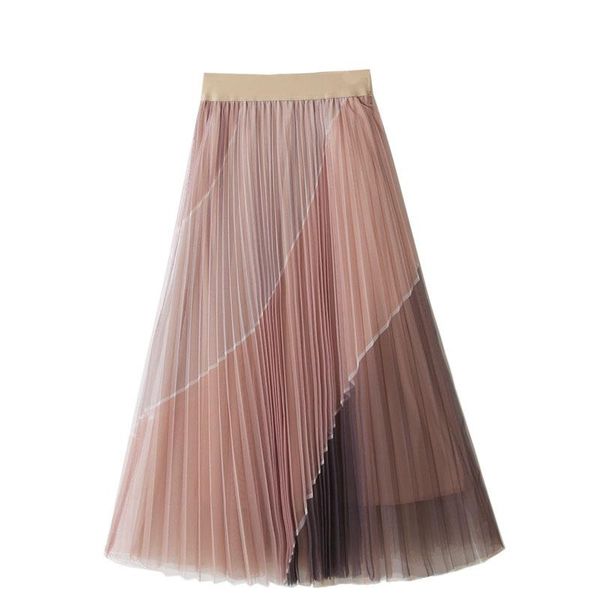 

skirts tfetters color matching midi skirt women's spring korean pleated mesh long high waist slim fairy, Black