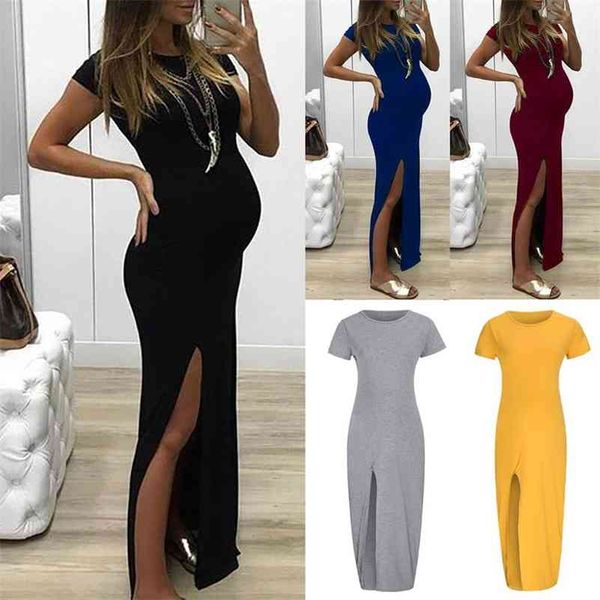 

women's round neck short-sleeved split maternity dress 210721, White