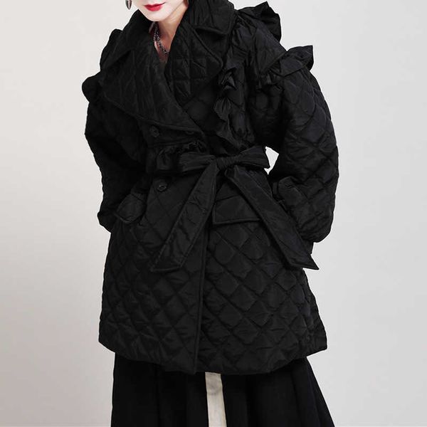 

getspring women parka ruffle bandage s winter jackets coats vintage casual long coat black apricot 210601