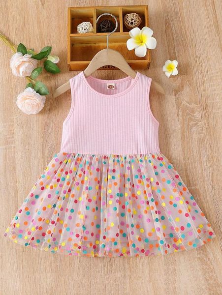 

toddler girls contrast polka dot mesh hem dress she, Red;yellow