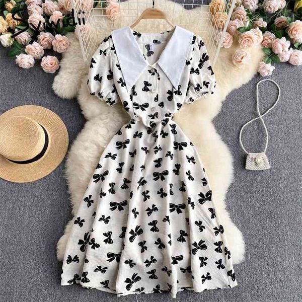 

bow print dress for women summer fashion puff sleeve peter pan collar casual a-line black white midi dresses 210607, Black;gray