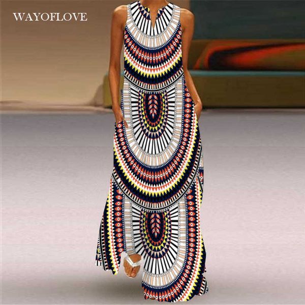 WayOflove étnica estilo listra impressão vestido casual plus tamanho longo vestidos verão mulher sem mangas menina praia maxi vestido mulheres 210602