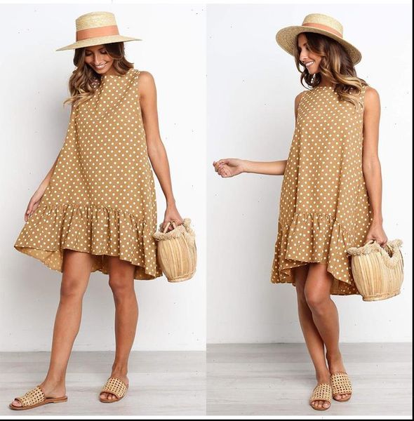 

new 2021 plus size point summer dress ruffle sleeveless loose mini chiffon dot dress women casual slim thin beach dress vestidos, Black;gray