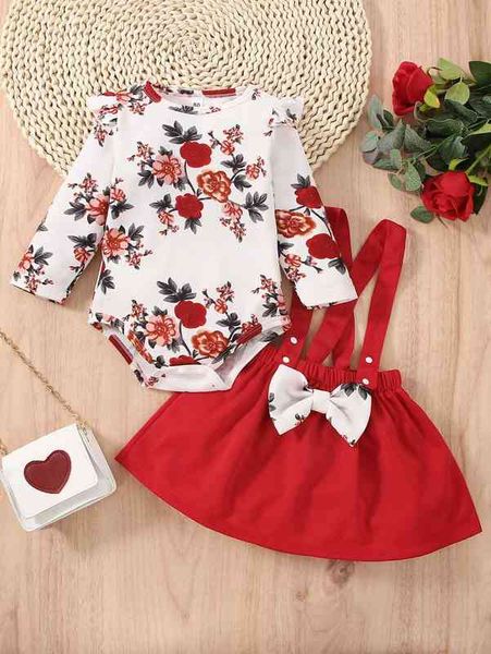 

baby floral print ruffle trim bodysuit & bow front pinafore skirt she, White