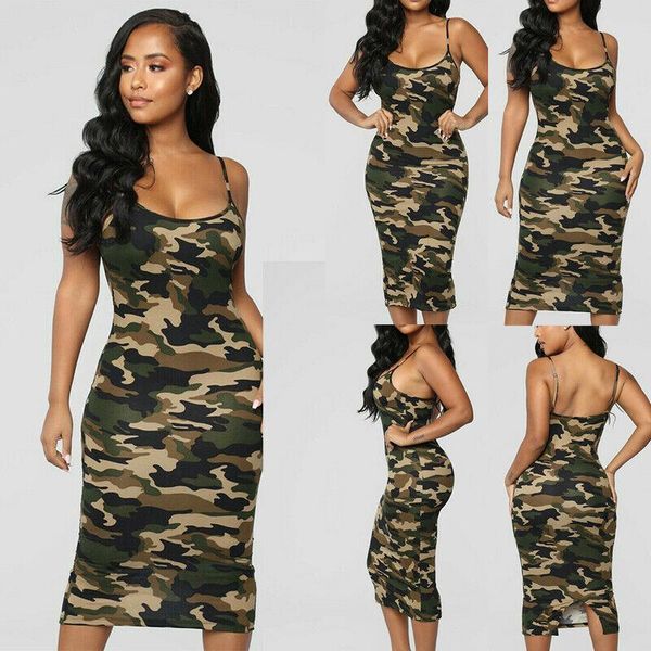 

women casual bodycon sleeveless dress summer ladies backless empire waistline camo print army pencil dresses, Black;gray