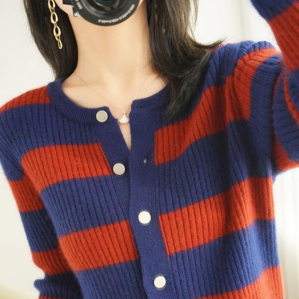 

women's knits & tees women cardigan sweater wide striped jacket knitted spring o-neck single breast short casual knitwear, White