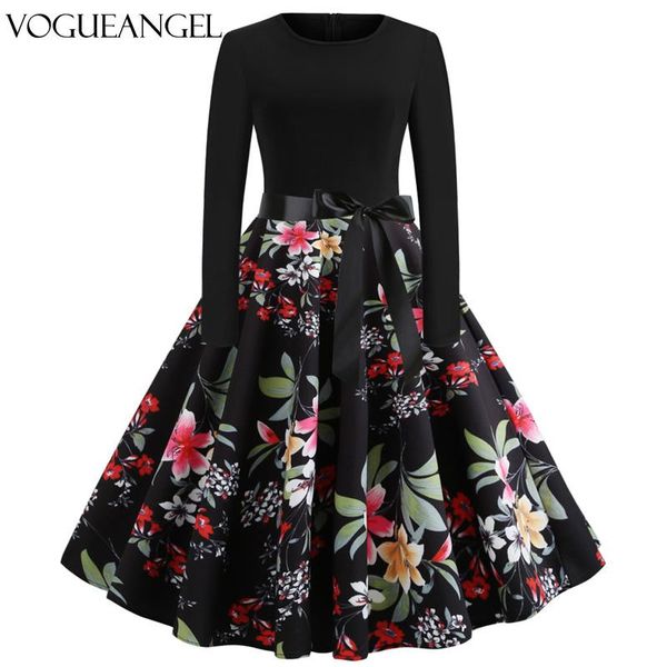 

casual dresses spring women hepburn vintage dress floral print round neck long sleeves a line belted corset retro vestidos robe, Black;gray
