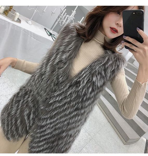 

women's fur & faux 2021 autumn and winter nature genuine real silver vest jacket fashion gilet strip sewed toghter, Black