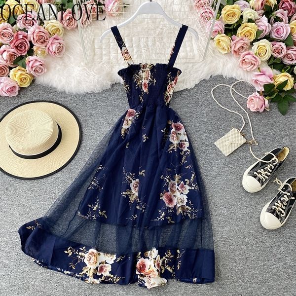 

oceanlove summer dress floral beach style mesh chiffon vestidos moda coreana elegant robes vinatge dresses women 17160 210302, Black;gray