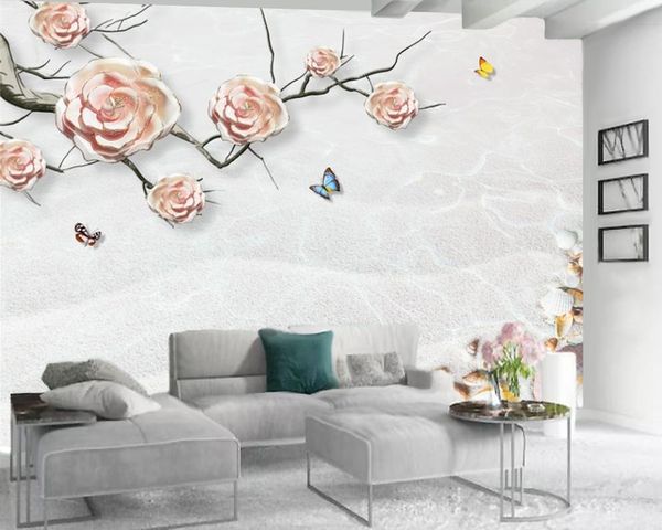 Wandtapete, romantischer Strand, zarte Blumen, Seide, 3D-Tapete, 3D-Tapeten für Wohnzimmer, individuelles Foto