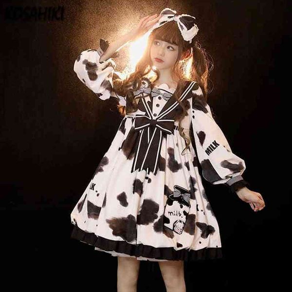 

cow print long sleeve women dresses lolita plus size japanese kawaii girl sweet cosplay bow bandage vestido, Black;gray