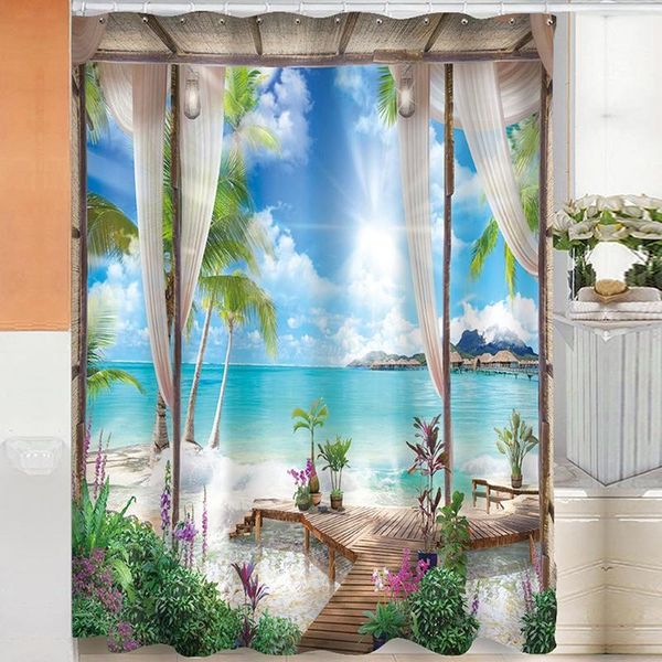 

shower curtains 594c beach palm waterproof landscape curtain ocean scenery bath bathroom decoration