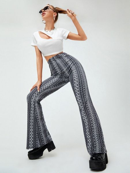 

geo print flare leg pants o0f4#, Black;white