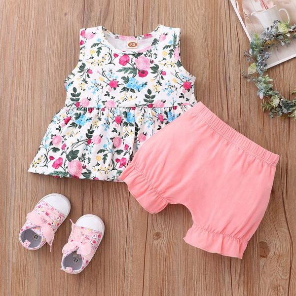 

clothing sets summer baby girl clothes born infant sleeveless girls floral +solid shorts kids outfits, White
