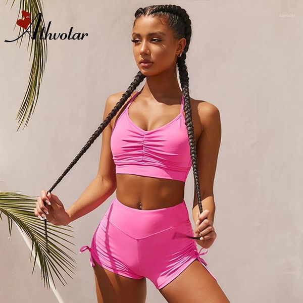 

yoga outfit suit two piece set women summer seamless running activewear sports bra and drawstring booty shorts fitness gym