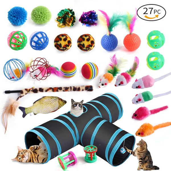 27шт. Pet Cat Toys Set Складные Три Туннель Перо Смешные Кошки Палка Sisal Mouse Bell Ball Котенок Интерактивные Игрушечные аксессуары