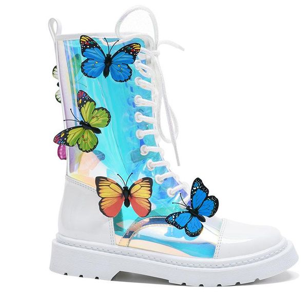 

boots 3d colorful simulate butterfly embellished ankle woman shine pvc patchwork white leather lace up short, Black