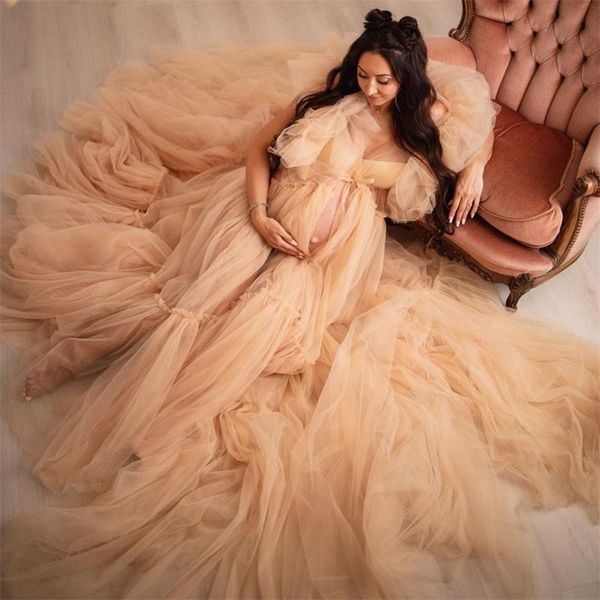 

bridal fluffy tulle prom dresses pregnant women ruffles robe long party gowns for p shoot maternity nightgowns, Black