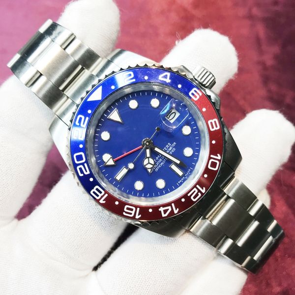 

men watches 2813 blue and red ceramic bezel blue dial sapphire glass 904l stainless steel luminous mechanical waterproof wristwatches, Slivery;brown