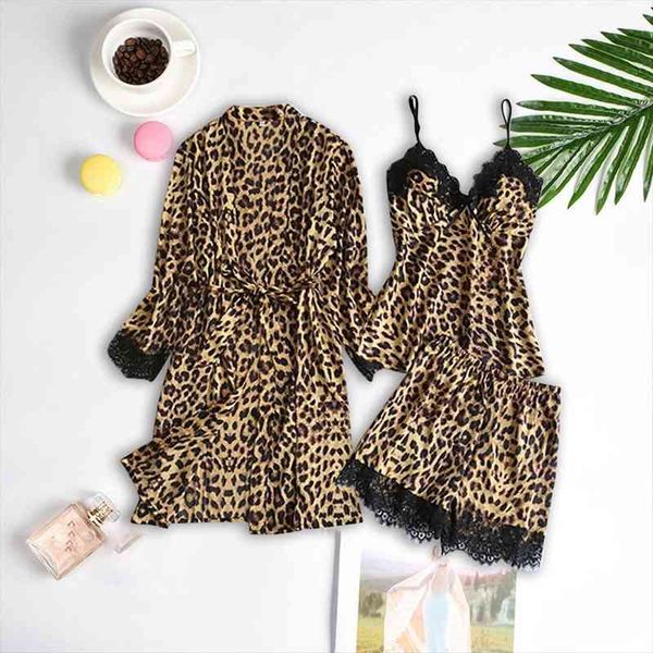 

pajamas sets 3 pieces silk womens sleepwears satin leopard print shorts and robe set female home suit pyjama, Black;red