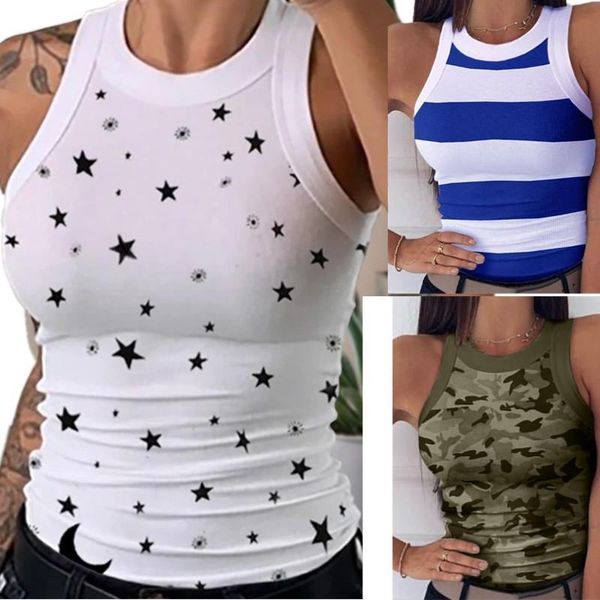 

summer women print striped tank round neck sleeveless vest ladies camouflage pentagram street vest plus size 5xl, White