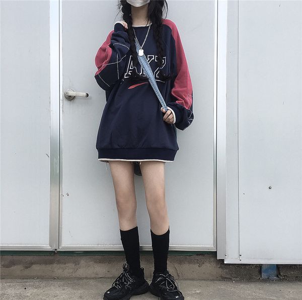 

2021 new colorblock letter embroidered sweatshirt loose casual sports women's round neck pullover harajuku style n13h, Black