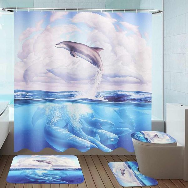 

shower curtains waterproof dolphin landscape print bathroom curtain set toilet lid cover non-slip bath mat rug durable