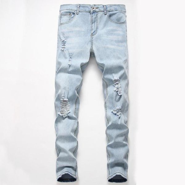 

mens new fashion personality ripped slim fit zipper stretch denim trousers mens super skinny jeans new arrival, Blue