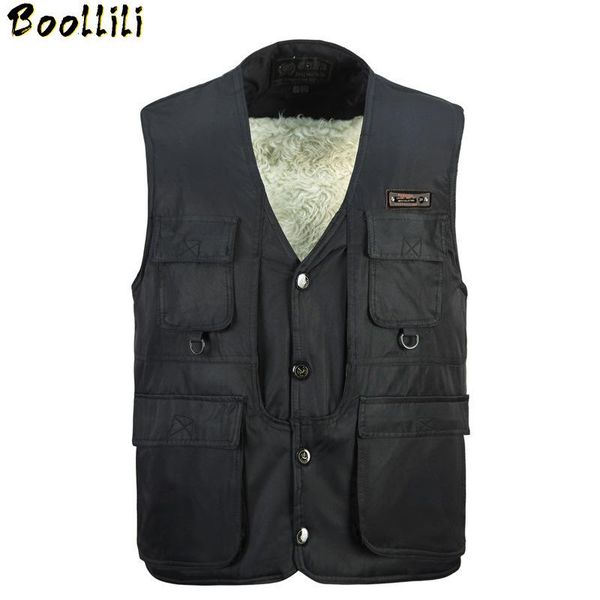 

men's vests casual fleece vest with many pocket for men autumn winter male warm thick sleeveless multi jacket cotton waistcoat, Black;white