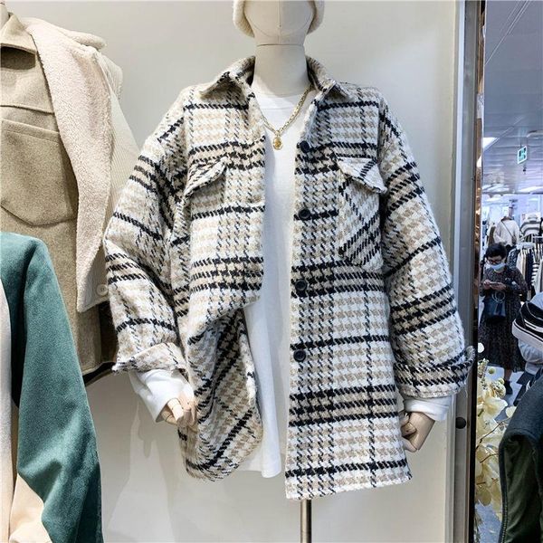

women's wool & blends vintage women loose tweed jackets 2021 spring-autumn fashion ladies patchwork oversize coats casual female plaid, Black