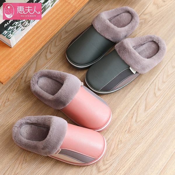 

women warm faux fur slippers pu leather waterproof slides lovers winter shoes comfortable woman men indoor home slipper, Black