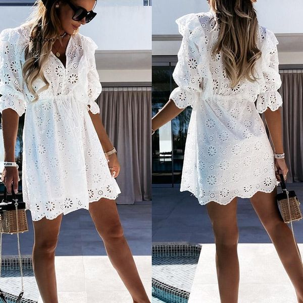 

casual dresses summer women lace hollow out mini dress elegant embroidery solid ruffle party sweet button v neck short sleeve, Black;gray