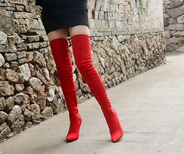 

boots thigh high women heels fashion multicolor elastic thin heel knee plus size 43, Black